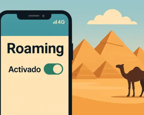 Roaming activado en móvil con vista a las pirámides y camello en Egipto