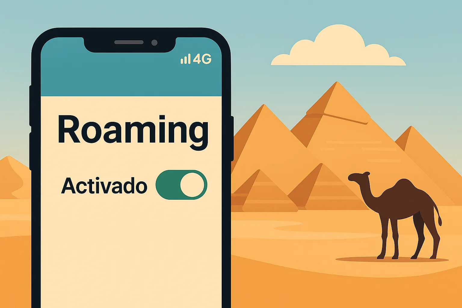 Roaming activado en móvil con vista a las pirámides y camello en Egipto