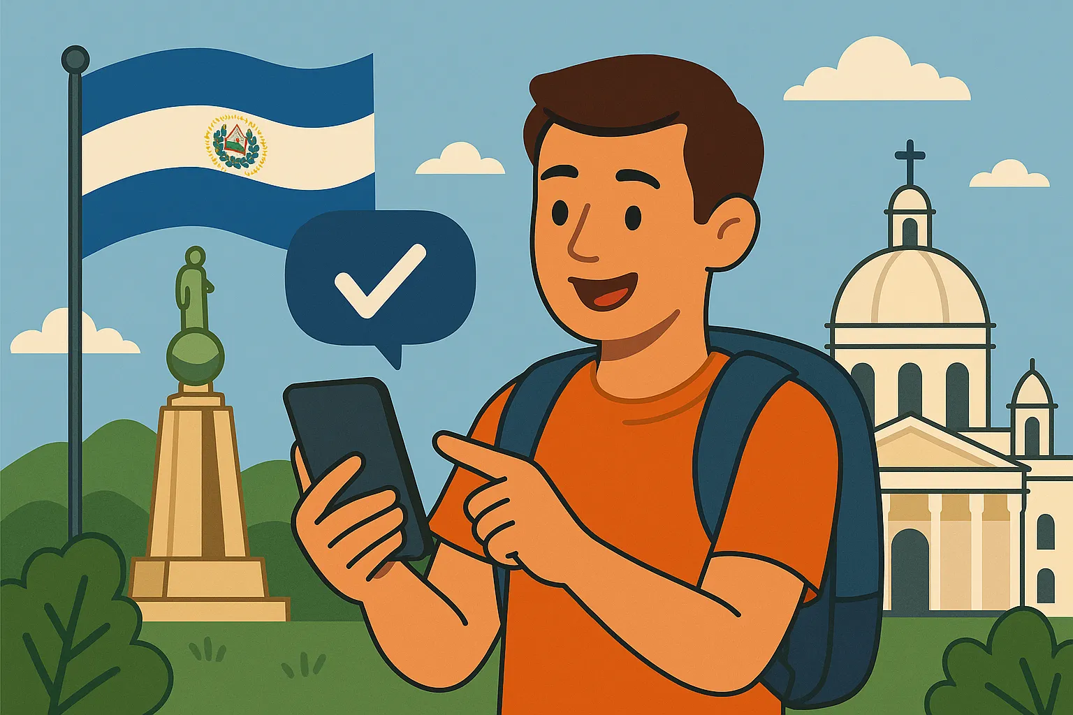 Hombre usando su móvil gracias a las alternativas al roaming en El Salvador, con la bandera salvadoreña y el Monumento al Divino Salvador del Mundo.