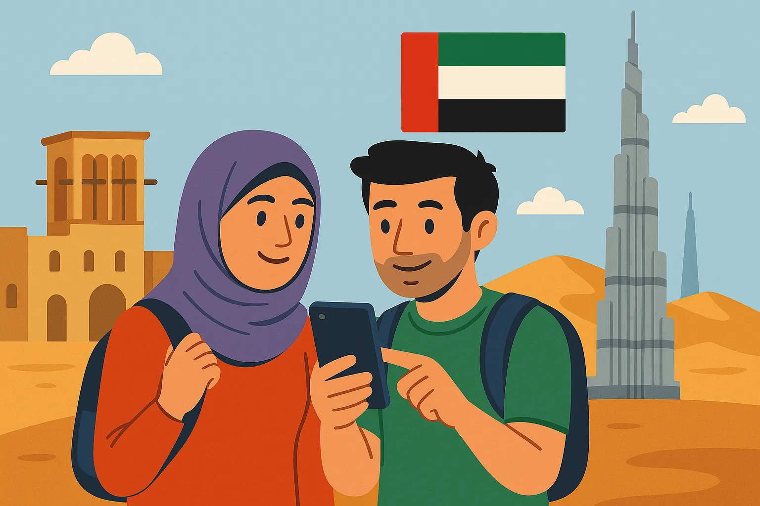 Pareja de viajeros usando su móvil con conexión activa en Emiratos Árabes Unidos, frente al Burj Khalifa y las dunas del desierto.