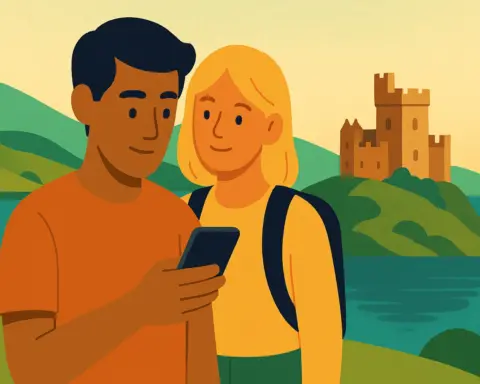 Pareja viajera consulta su móvil ante un castillo escocés y colinas junto a un lado, representando el roaming en Escocia.