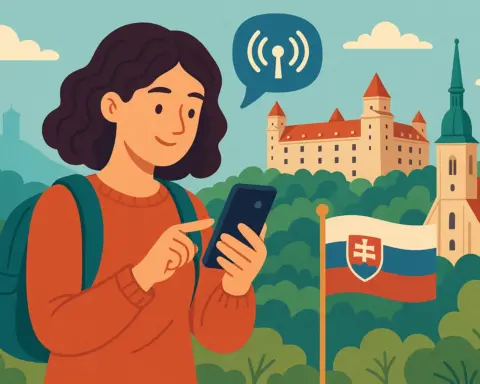 Turista disfrutando con su móvil del roaming en Eslovaquia