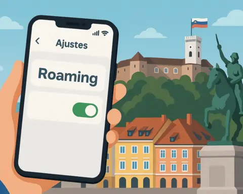 Roaming activado en móvil frente al castillo de Liubliana en Eslovenia