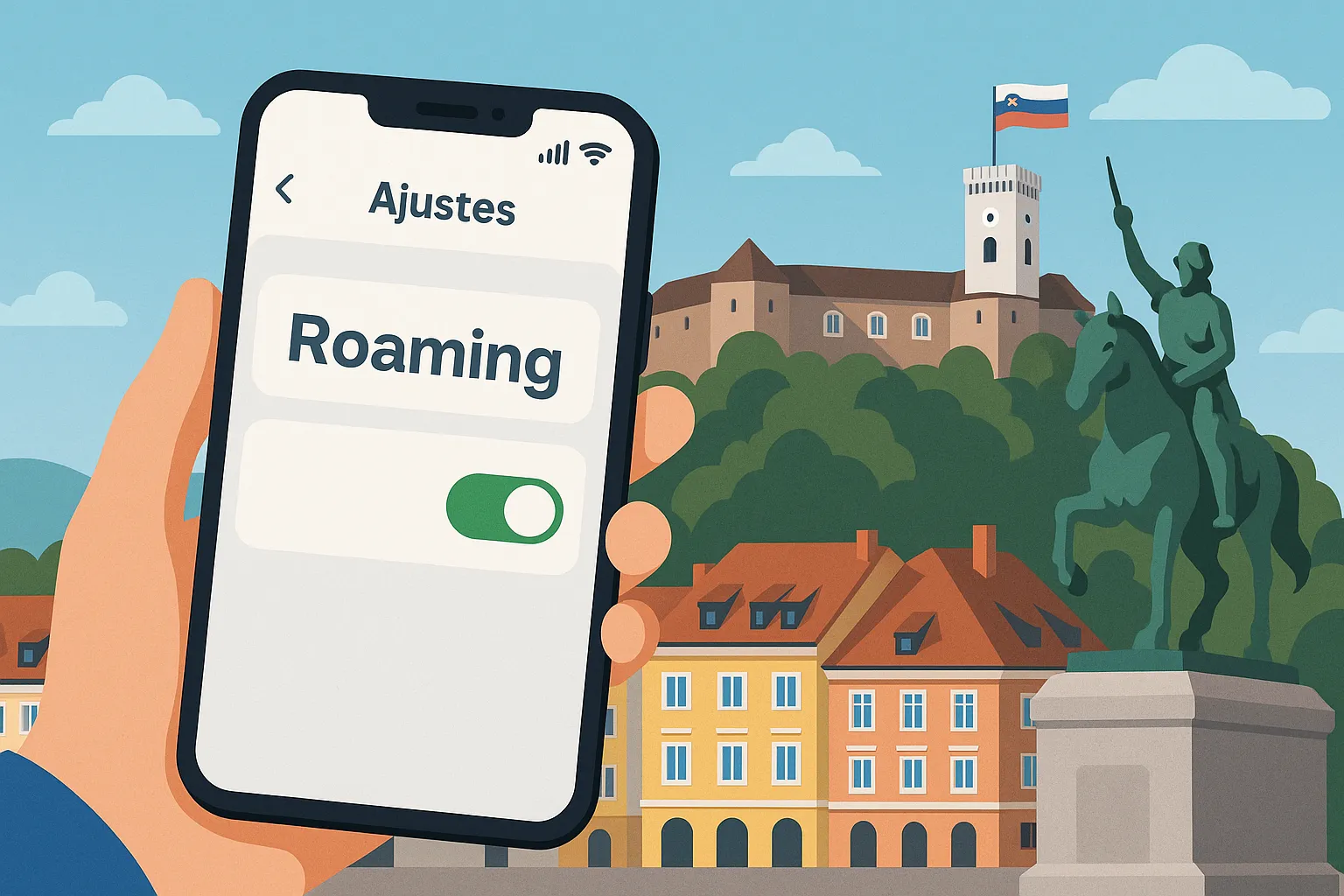 Roaming activado en móvil frente al castillo de Liubliana en Eslovenia