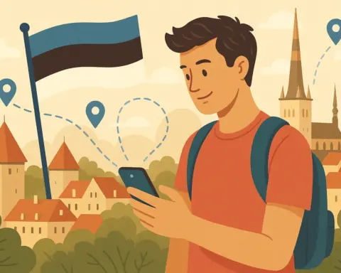Turista usando el móvil con puntos de ubicación y conexión activa, frente a la bandera de Estonia y arquitectura típica de Tallinn.