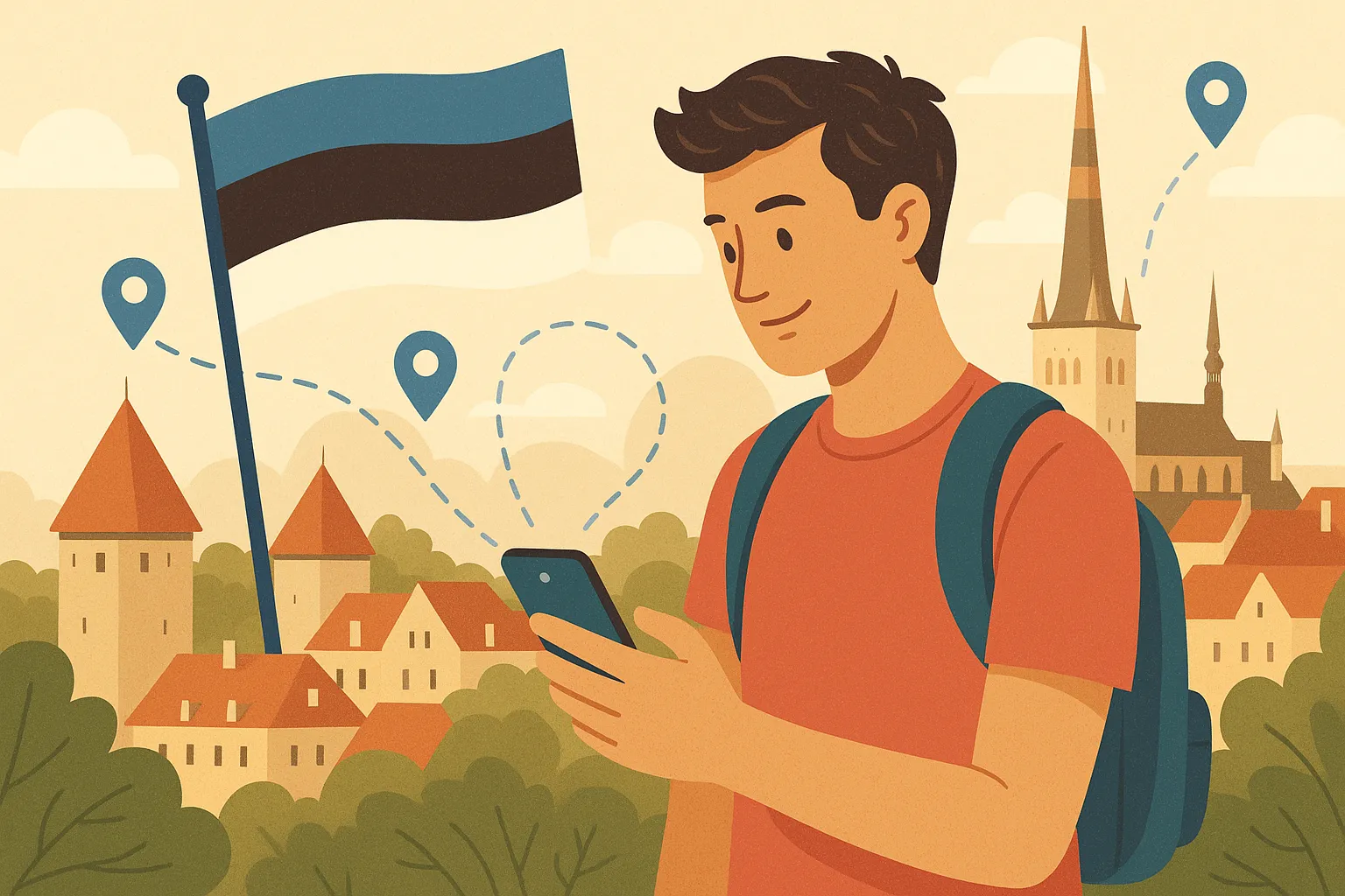 Turista usando el móvil con puntos de ubicación y conexión activa, frente a la bandera de Estonia y arquitectura típica de Tallinn.
