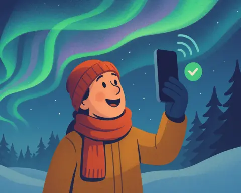 Persona feliz usando su móvil bajo la aurora boreal en un bosque nevado, con señal confirmada de acceso a internet.
