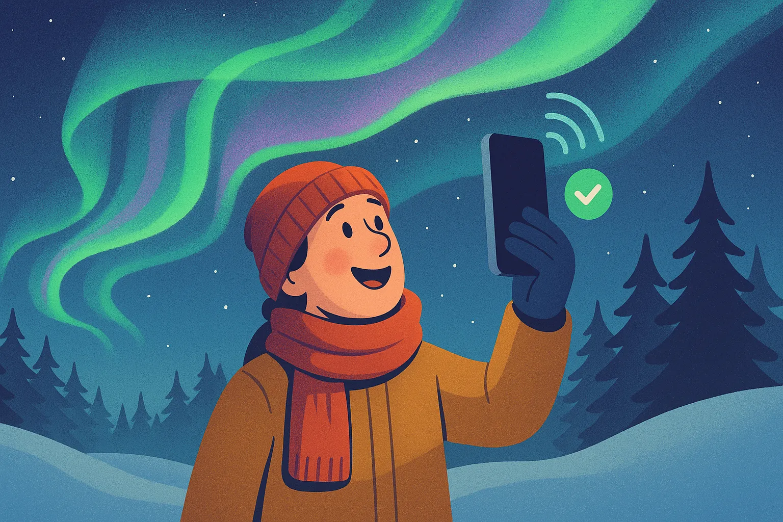 Persona feliz usando su móvil bajo la aurora boreal en un bosque nevado, con señal confirmada de acceso a internet.