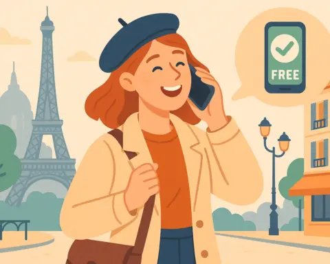 Mujer con boina habla por móvil ante la Torre Eiffel; indicando el roaming gratis en Francia.
