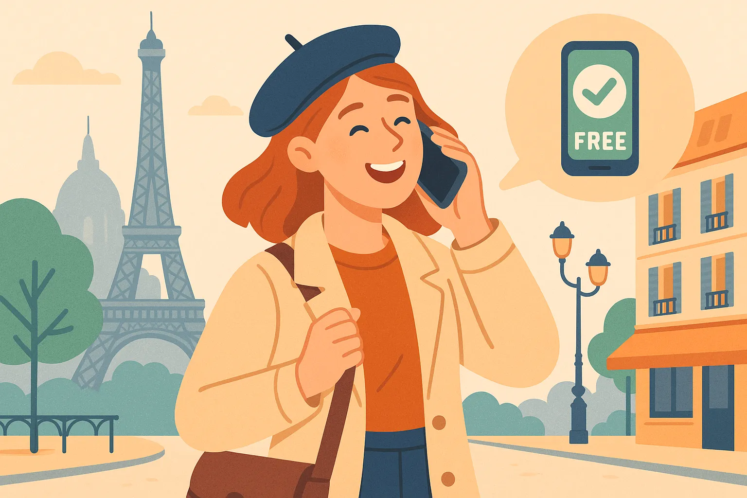 Mujer con boina habla por móvil ante la Torre Eiffel; indicando el roaming gratis en Francia.