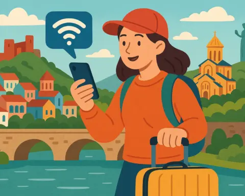 Turista con maleta usando el móvil con conexión en Georgia, rodeada de arquitectura tradicional, montañas y un icono de Wi-Fi.