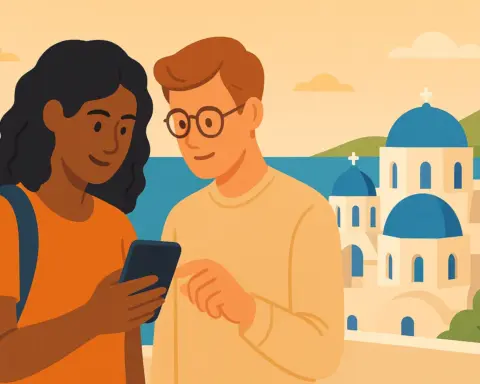 Pareja consulta móvil en roaming ante cúpulas azules y casas blancas de Santorini junto al mar Egeo.