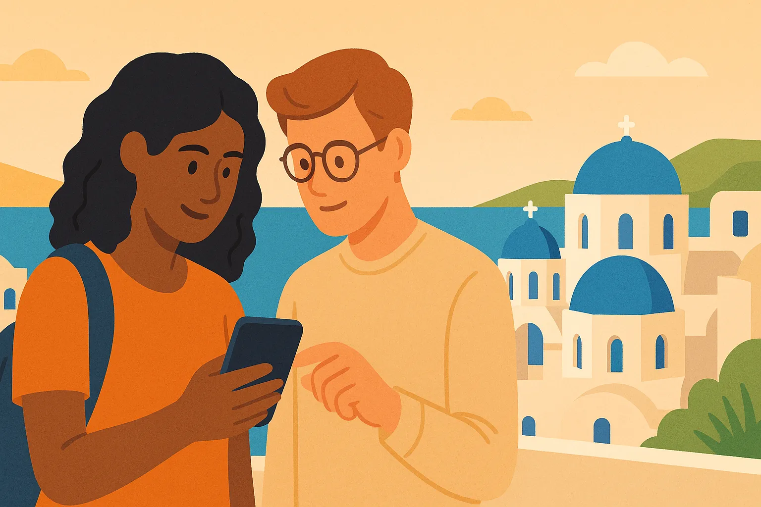 Pareja consulta móvil en roaming ante cúpulas azules y casas blancas de Santorini junto al mar Egeo.