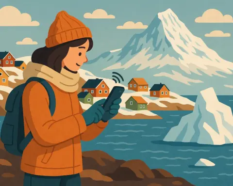 Turista abrigada usando el móvil con conexión en Groenlandia, rodeada de casas coloridas, montañas nevadas y un iceberg en el mar.