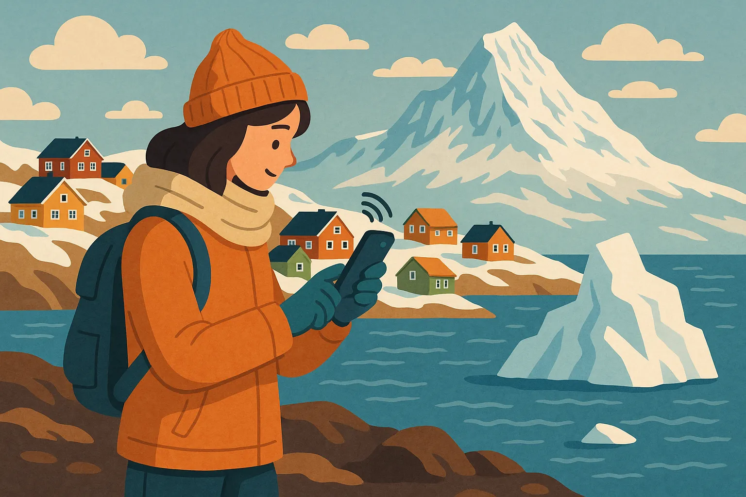 Turista abrigada usando el móvil con conexión en Groenlandia, rodeada de casas coloridas, montañas nevadas y un iceberg en el mar.