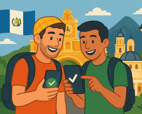 Dos amigos mochileros usando sus móviles con conexión activa en Guatemala, frente al Arco de Santa Catalina y la bandera guatemalteca.