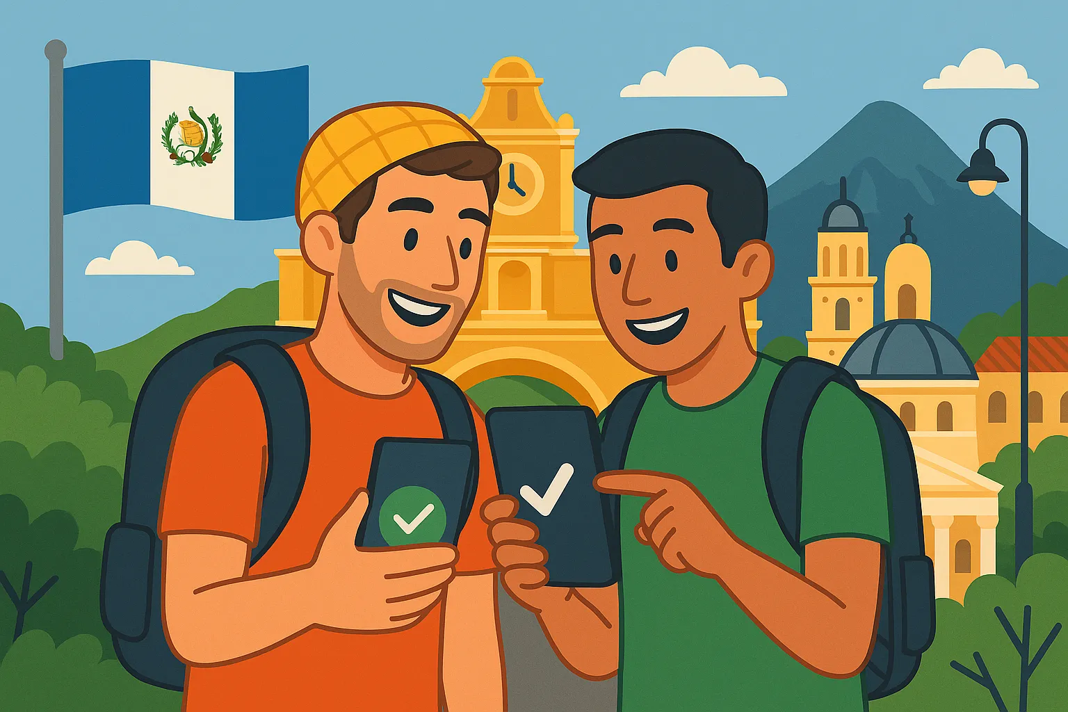 Dos amigos mochileros usando sus móviles con conexión activa en Guatemala, frente al Arco de Santa Catalina y la bandera guatemalteca.