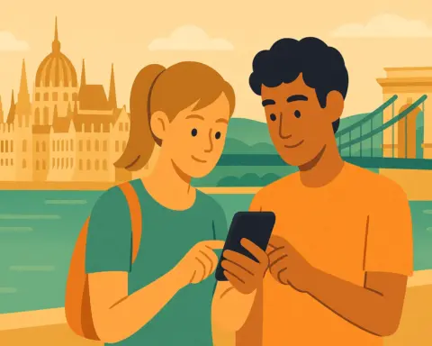 Pareja envía un Whatsapp junto al Parlamento y el Puente de las Cadenas de Budapest gracias al roaming en Hungría.