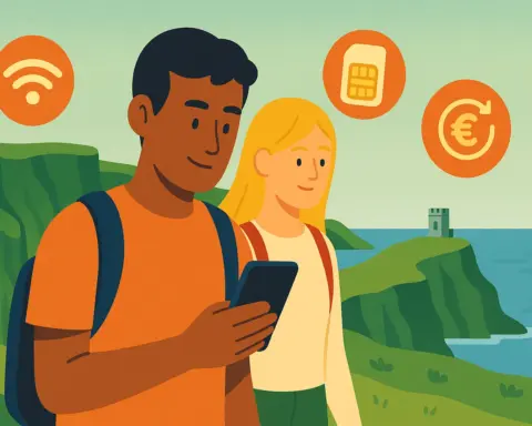 Pareja viajera en Irlanda consultándo su móvil, rodeados de acantilados verdes, representando el uso del roaming en Irlanda.
