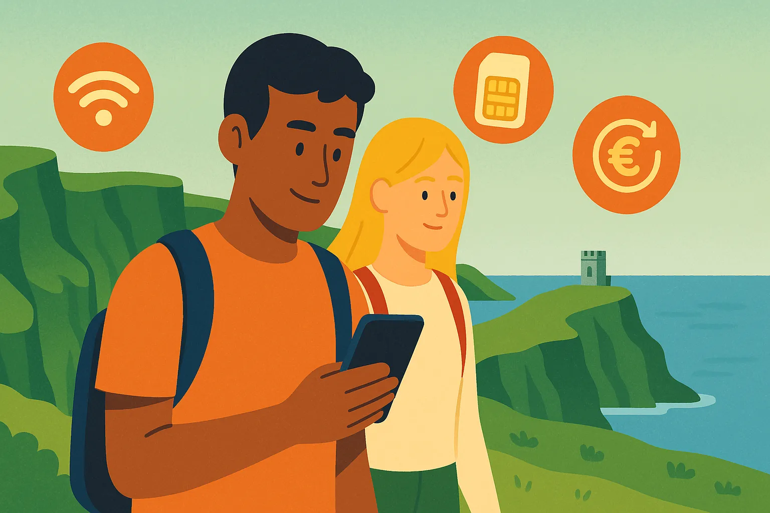 Pareja viajera en Irlanda consultándo su móvil, rodeados de acantilados verdes, representando el uso del roaming en Irlanda.