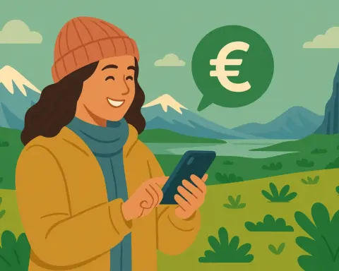 Viajera con gorro y abrigo consulta su móvil en un paisaje islandés de montañas nevadas y verdes llanuras, con símbolo del euro, que sugiere ahorro en roaming.