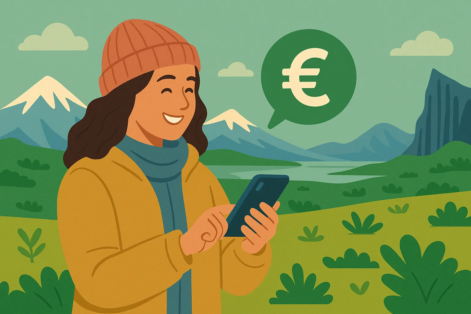 Viajera con gorro y abrigo consulta su móvil en un paisaje islandés de montañas nevadas y verdes llanuras, con símbolo del euro, que sugiere ahorro en roaming.