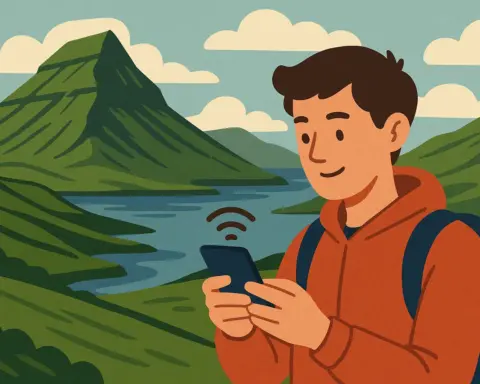 Turista con mochila y sudadera usando el móvil con señal activa en un paisaje montañoso y verde de las Islas Feroe.