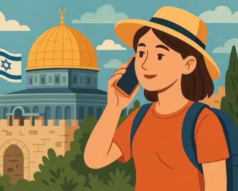 Turista con sombrero hablando por teléfono frente a la Cúpula de la Roca y la bandera de Israel, rodeada de murallas y vegetación.