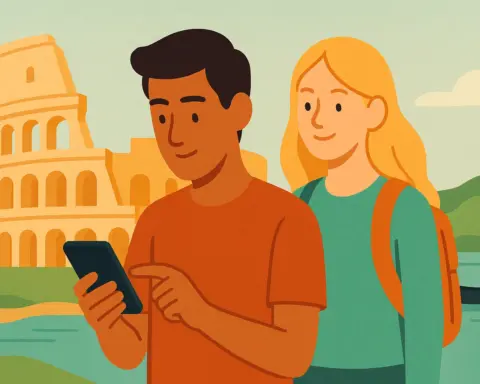 Pareja viajera frente al Coliseo; él consulta su móvil y ella observa, representando el roaming en Itlalia