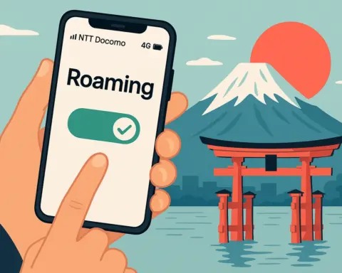 Roaming activado en móvil frente al Monte Fuji y un torii en Japón