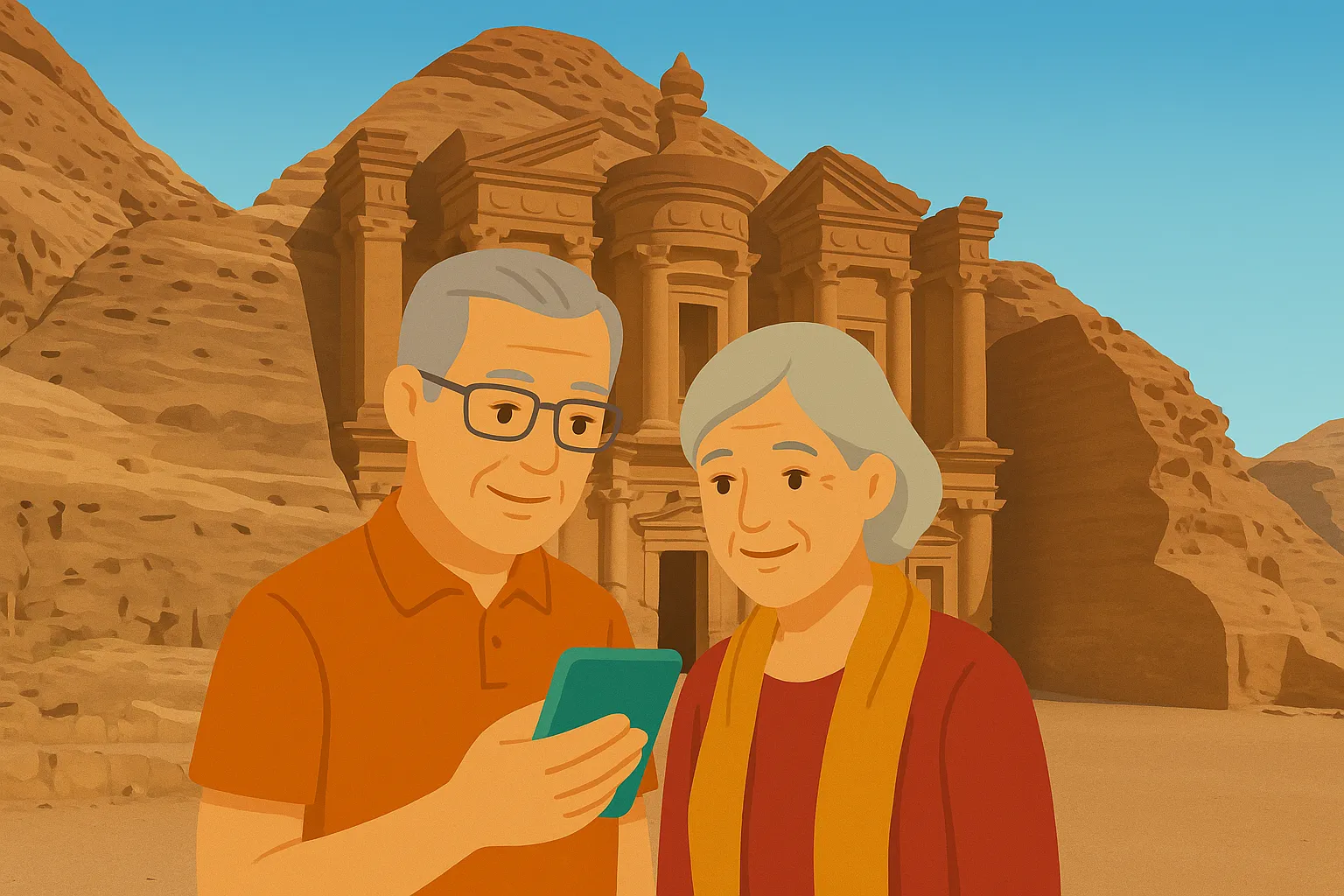 Pareja disfruta de cobertura móvil en Jordania.