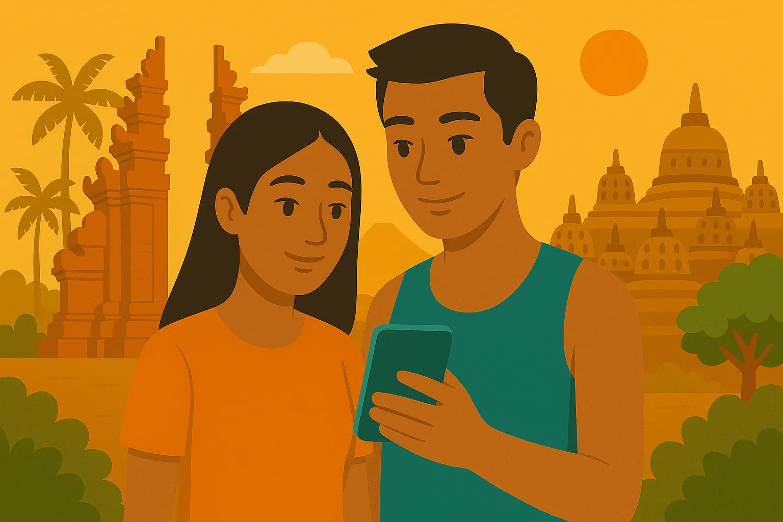 Pareja disfruta de cobertura móvil en Indonesia.