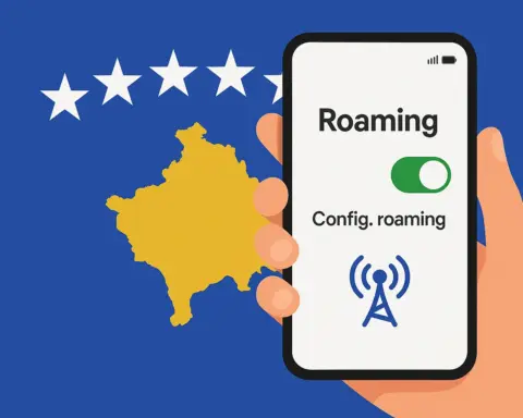 Roaming activado en móvil con bandera de Kosovo de fondo