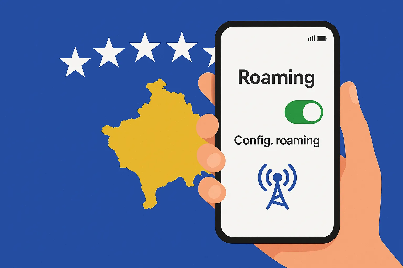 Roaming activado en móvil con bandera de Kosovo de fondo