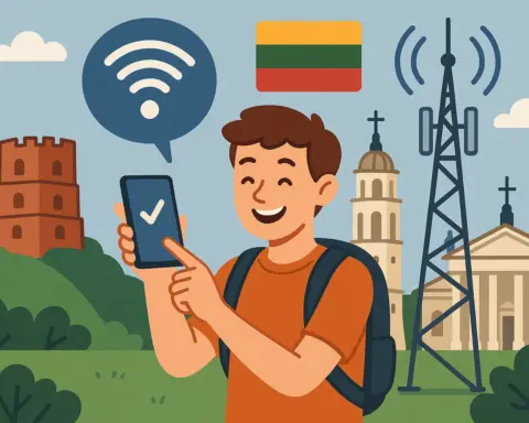 Turista sonriente mostrando su móvil con señal activa en Lituania, acompañado de la torre de Gediminas, la Catedral de Vilna y una antena de telecomunicaciones.