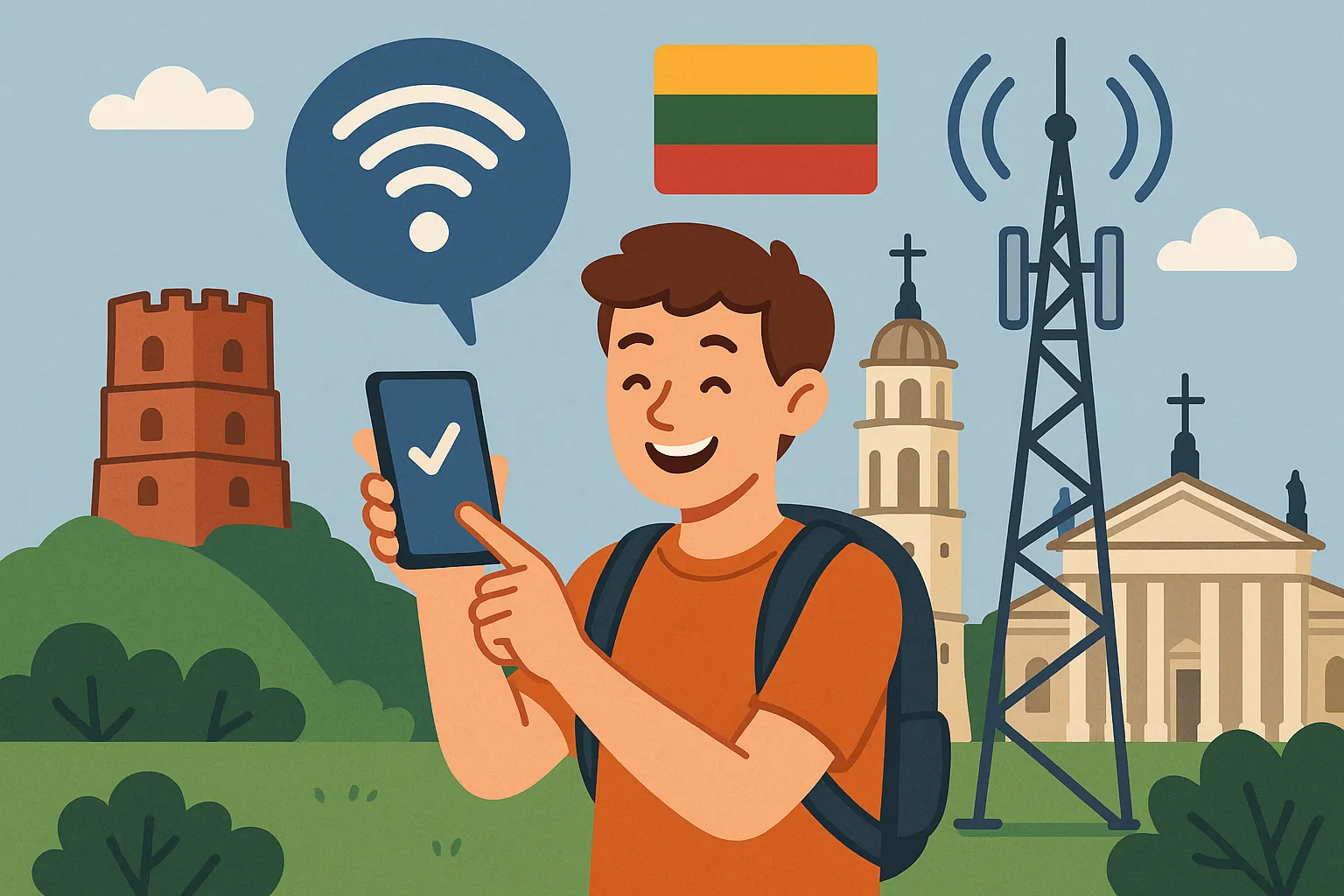Turista sonriente mostrando su móvil con señal activa en Lituania, acompañado de la torre de Gediminas, la Catedral de Vilna y una antena de telecomunicaciones.