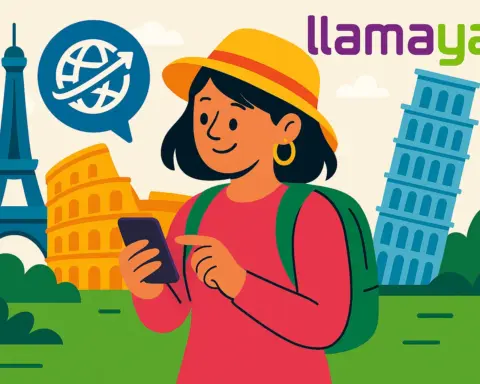 Ilustración de una viajera usando el móvil frente a monumentos europeos, con símbolo de roaming y el logo de Llamaya.