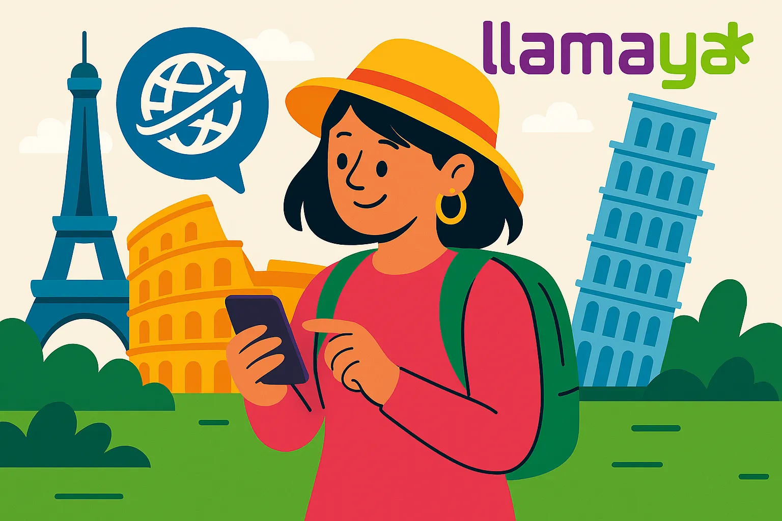 Ilustración de una viajera usando el móvil frente a monumentos europeos, con símbolo de roaming y el logo de Llamaya.
