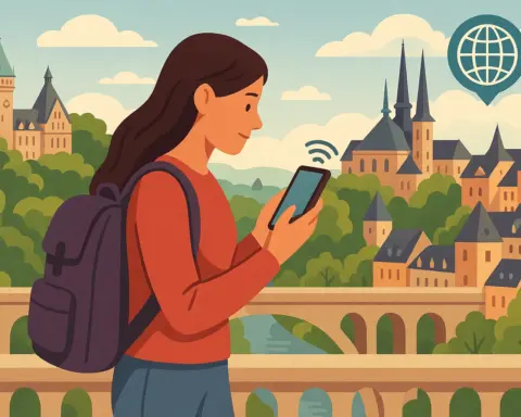 Turista con mochila usando el móvil con conexión activa en Luxemburgo, rodeada de edificios históricos, vegetación y un icono de internet.