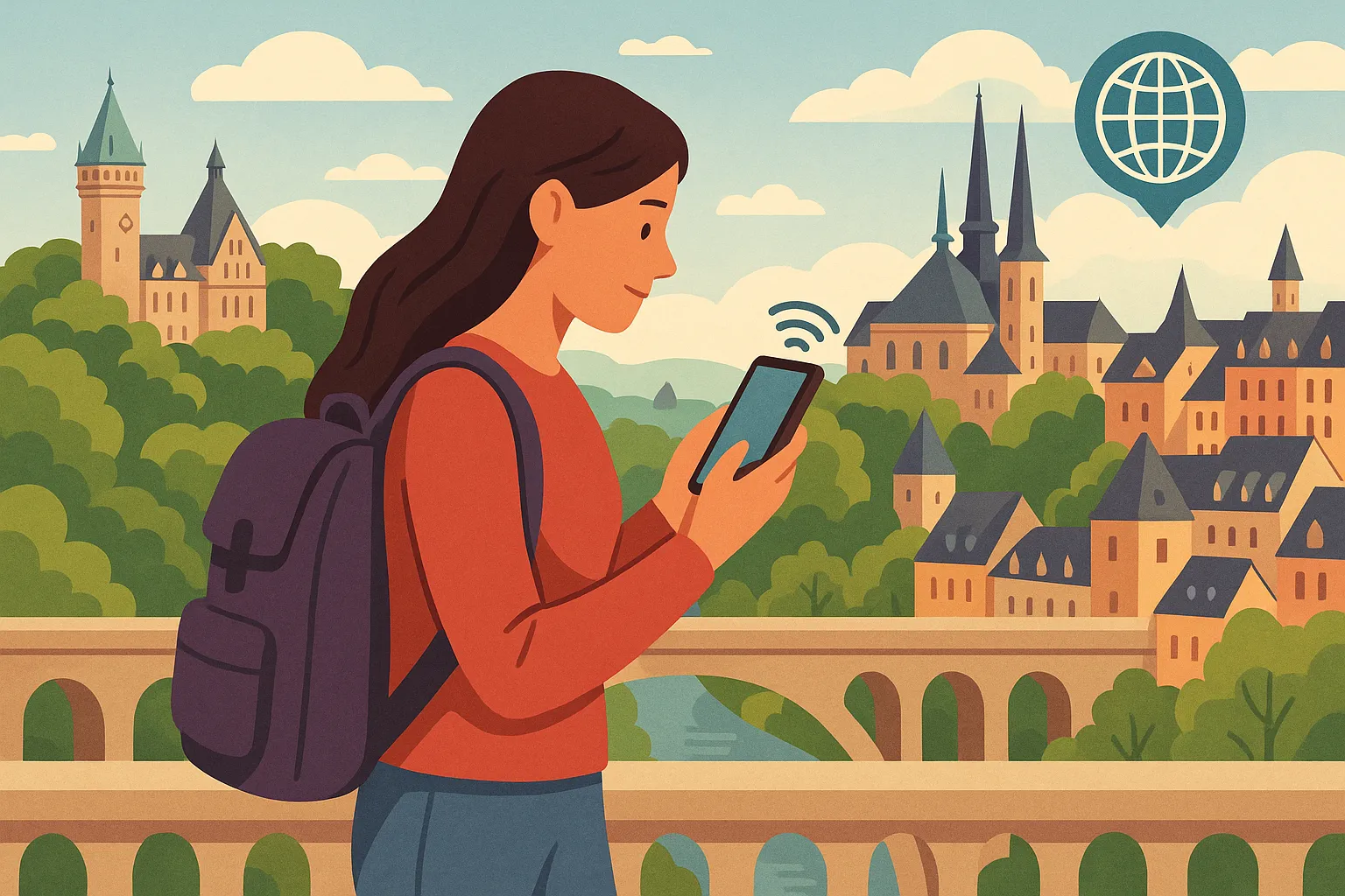 Turista con mochila usando el móvil con conexión activa en Luxemburgo, rodeada de edificios históricos, vegetación y un icono de internet.