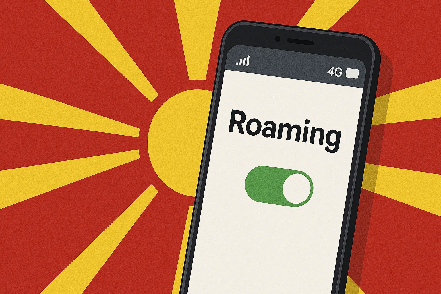 Roaming activado en móvil con fondo de la bandera de Macedonia del Norte