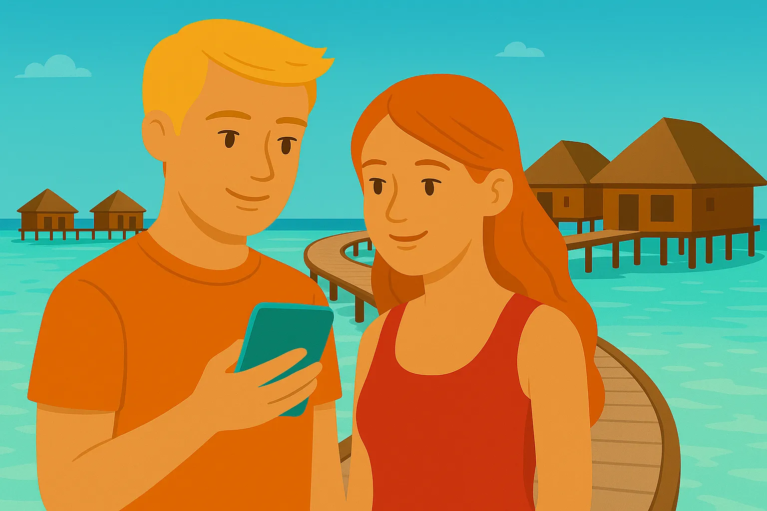Pareja disfruta de cobertura móvil en Maldivas.