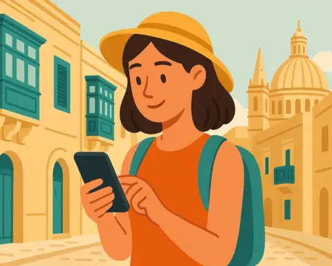 Mujer joven usando su móvil mientras viaja por Malta, con arquitectura tradicional y cúpulas al fondo.