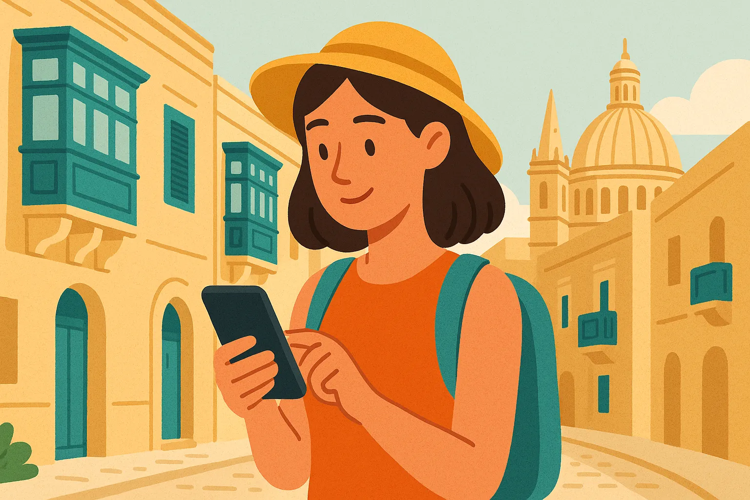 Mujer joven usando su móvil mientras viaja por Malta, con arquitectura tradicional y cúpulas al fondo.
