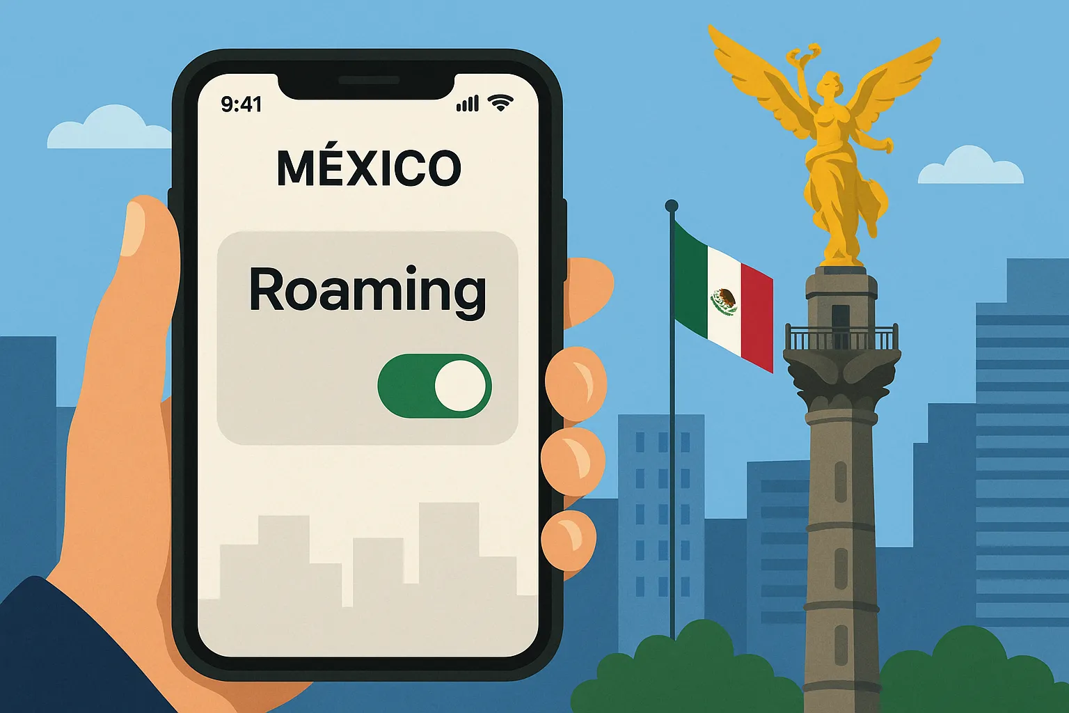 Roaming activado en móvil frente al Ángel de la Independencia en México