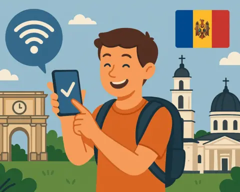 Turista sonriente con mochila señalando su móvil con conexión activa en Moldavia, frente al Arco del Triunfo de Chisináu.