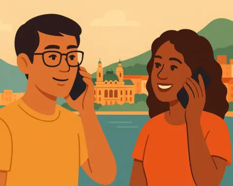 Dos viajeros hablan por móvil en roaming ante el puerto y colinas de Mónaco al atardecer, sabiendo que el roaming está excluido de sus tarifas