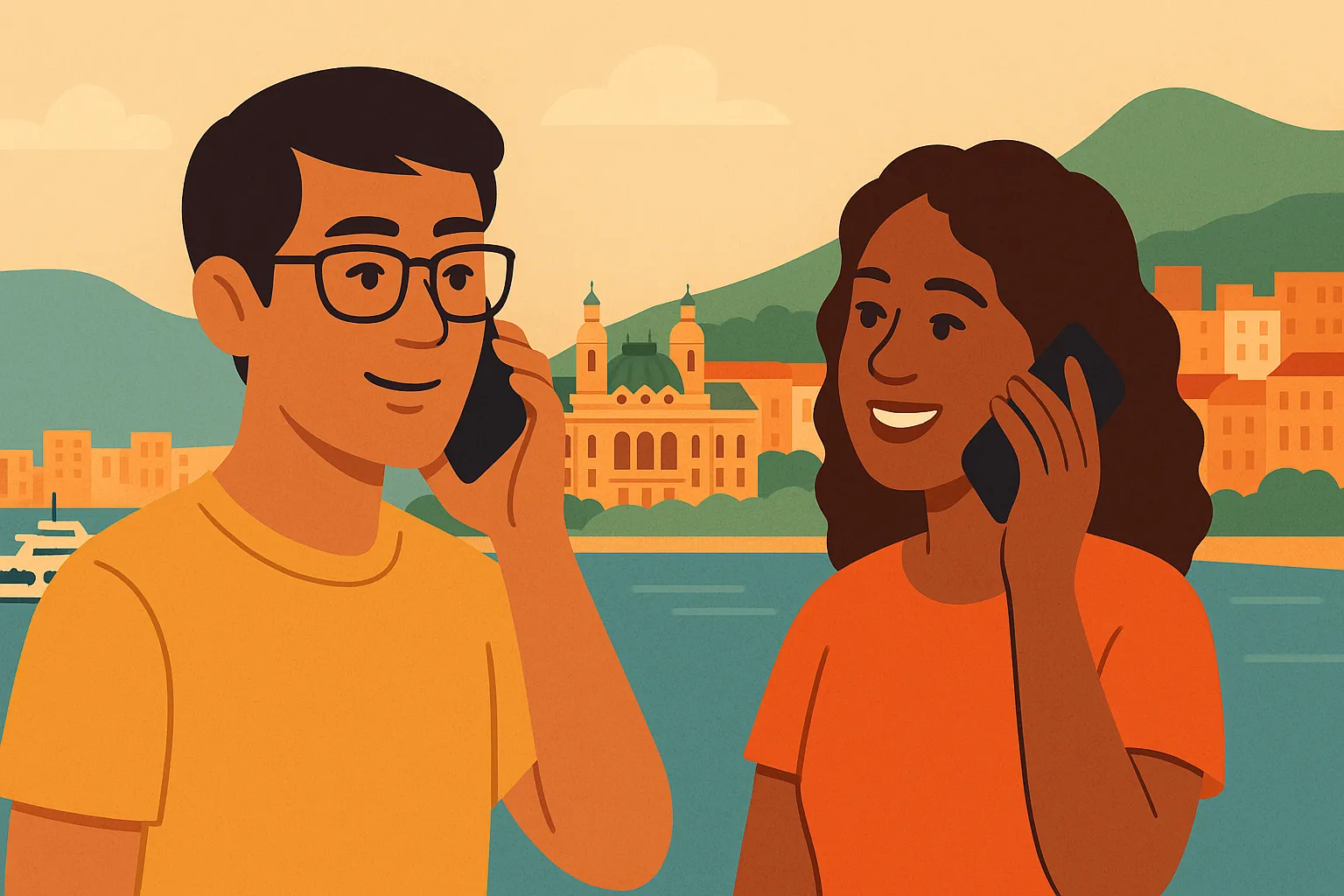 Dos viajeros hablan por móvil en roaming ante el puerto y colinas de Mónaco al atardecer, sabiendo que el roaming está excluido de sus tarifas