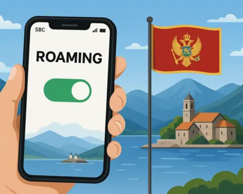 Roaming activado en móvil con bandera y paisaje de Montenegro