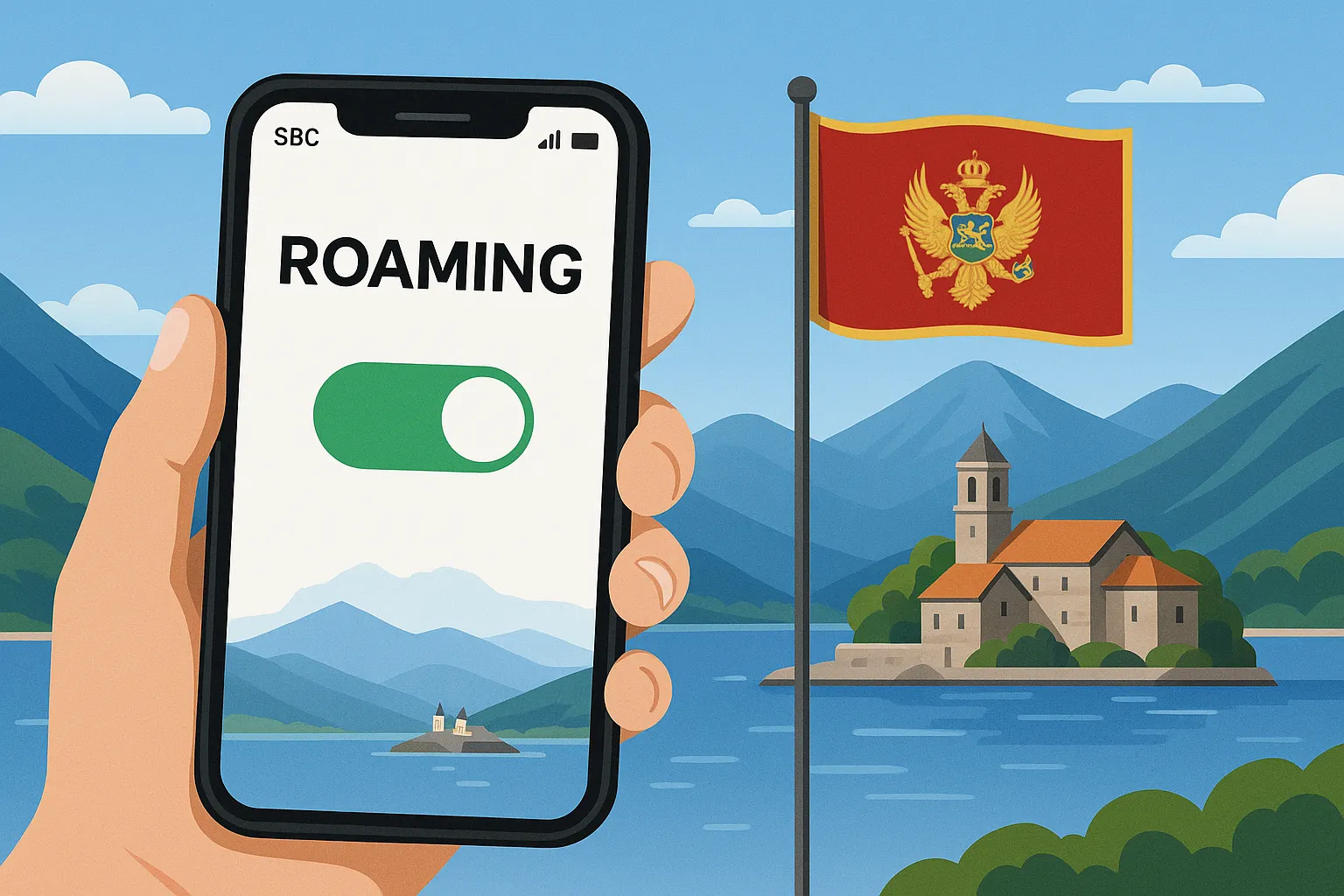 Roaming activado en móvil con bandera y paisaje de Montenegro
